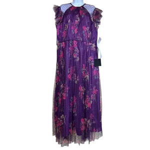 Mac Duggal Leena Cap Sleeve Floral A Line Dress Pleated Dot Tulle Womens Size 8